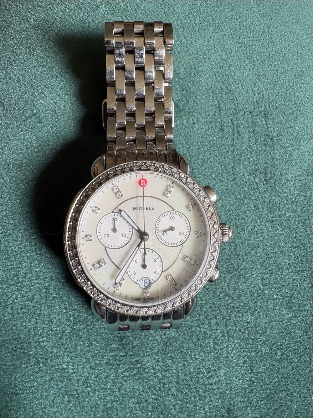 Michele Sidney Stainless Steel Chronograph Diamond Bezel Watch